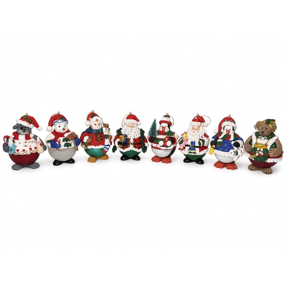Vintage Christmas Ornament Set 8pc Santa Penguin Snowman Bear Cat Dog Decor